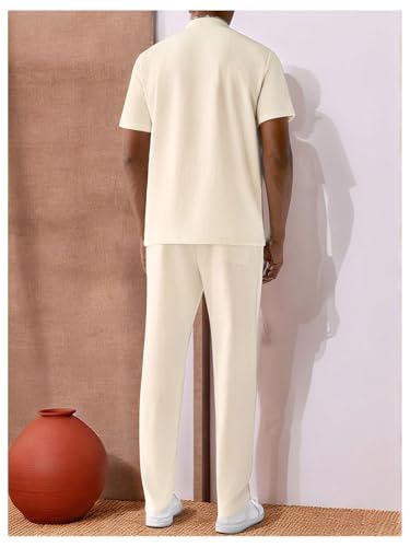 Men's 2 Piece Outfits Button Up Banded Collar Shirts and Drawstring Waist Pants Clothing Set3