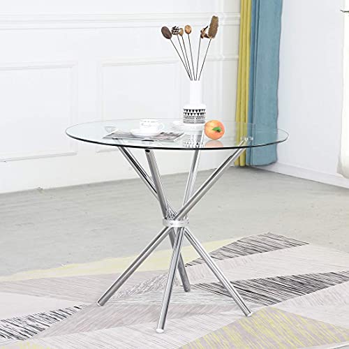 Round Glass Dining Table Set For 4, Modern Kitchen Table With 4 Chrome Legs,Tempered Glass Top + 4 White Faux Leather Dining Chairs, Dining Room Table And Chairs Set Of 5 Pieces For Home Small Space #TOP6