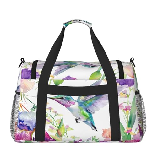Duffle Bag Spring Hummingbird Iris Floral Travel Duffel Bags for Men Women with Adjustable Strap Carry on Gym Bag Overnight Weekender Bag2
