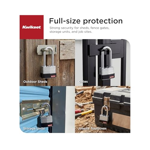 Kwikset Laminated Steel Padlock with Hardened Steel Shackle, Outdoor Gate and Fence Lock, 2 in Body, 2-1/2 in Shackle, 2 Pack Keyed Alike, Silver by Kwikset - Used condition - Image 4