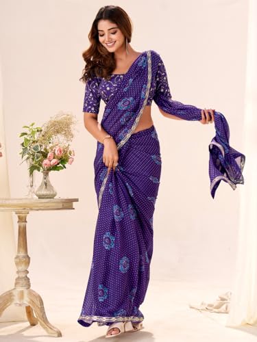 Image of AKHILAM Women's Bandhani Printed Chiffon Saree with Blouse