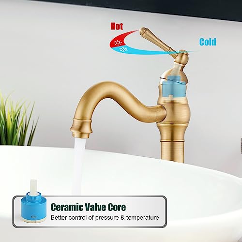 Heyalan Bathroom Vessel Sink Faucet Antique Brass Tall Body 360 Degree Spout One Handle Lever Single Hole Deck Mount Brass Pop Up Drain Assembly Without Overflow Vanity Mixer Tap #TOP6