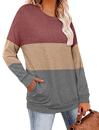 Magritta Color Block Striped Tee Shirt For Women Plus Size Stretchy Round Neckline Long Sleeve Ladies Tunic Sweatshirt With Pockets Red Gray Xx-Large #TOP3