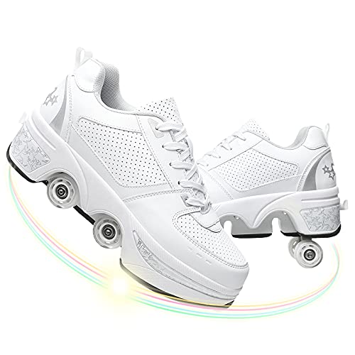 Casual roller skate shoes Deformation Parkour Shoes Invisible Four Rounds of Running Shoes Roller Skates, 2 in 1 Double-Row Deform Wheel Automatic Walking Shoes Roller Skate (White Silver, US-8.5)