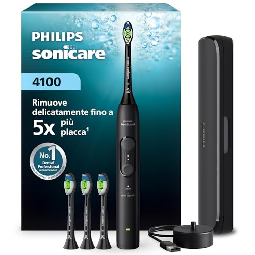 Philips Sonicare Serie 4100 - Spazzolino elettrico sonico con sensore di pressione, 4 impostazioni, EasyStart, SmarTimer, autonomia 21 giorni, custodia, nero, HX4046/52, [Nuovo]