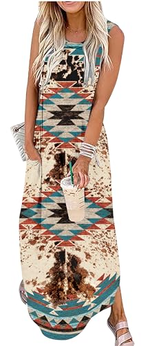 Country Concert Outfits for Women Rodeo Cute Maxi Dress Western Long Dresses Cowgirls Cruise Tshirt Dresses with Pockets(Aztec Multicolor,Large)