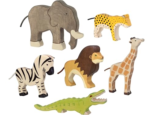 Holztiger 6614 Set Wildnis - 6 Spielfiguren aus Holz Krokodil Elefant Giraffe Leopard Zebra und Löwe handbemalte Spielzeugtiere für Kinder Made in Europe
