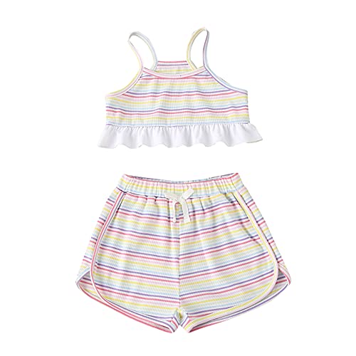 Toddler Baby Girl Ribbed Knitted Shorts Set Spaghetti Strap Halter Tank Top T-Shirts Tracksuit Set Outfits (C-Stripe, 4-5T)