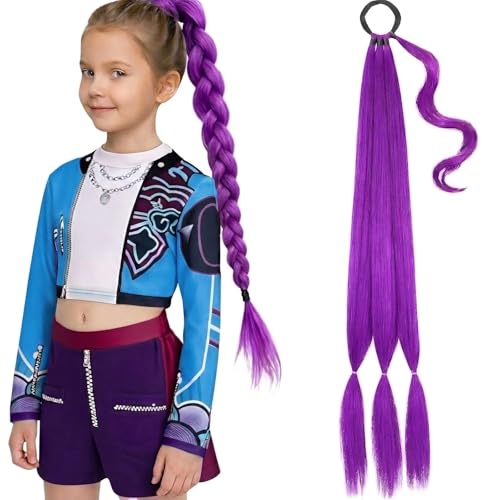 Vibrant Purple Synthetic Hair Extension for Kids Pre-Braided Ponytail with Elastic Band Soft Voluminous Clip-in for Cosplay Parties & Daily Styling (Purple)