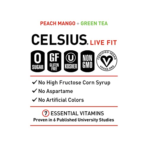 Image of CELSIUS Fizz Free Peach Mango Green Tea, Sugar Free Energy Drink, 12 Fl Oz (Pack of 4)