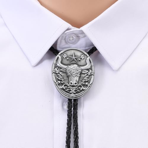 Image of Joxevyia Bolo Tie for Men Vintage Cow Skull Leather Rope Western Cowboy Necktie Vintage Bola Tie Gift for Him
