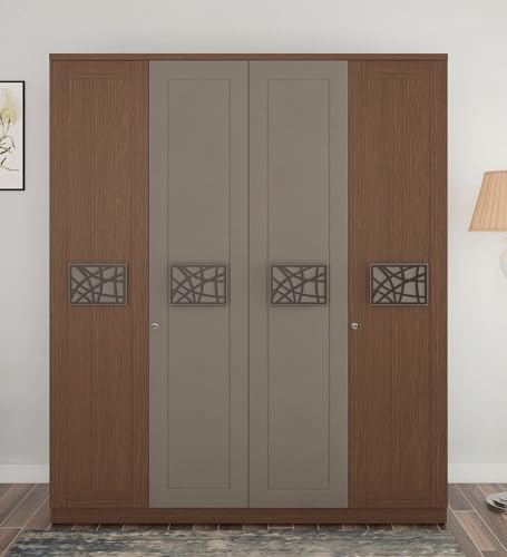 Image of Mintwud Pepperfry Engineered Wood Wardrobe with 4 Doors Storage and 2 Hanging Rod | Wooden Almirah Cupboard for Clothes Storage Organizer for Living Room Home Furniture (Oak, Sahara Beigh Finish)