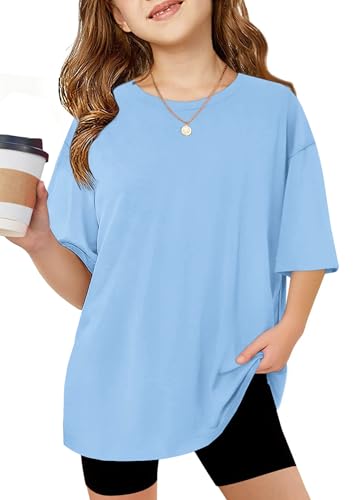 Arshiner Plain T Shirts for Girls Oversized Short Sleeve Casual Crew Neck Soft Girls Clothes Basic Fashion Shirts for Kids Light Blue 11-12 Years