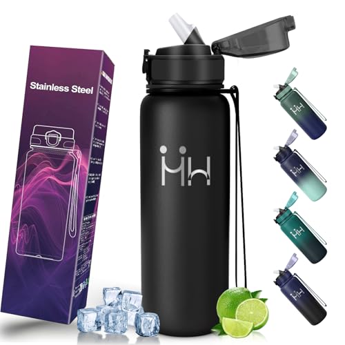 Motswedi Botella Térmica 750 ml, con Pajita, Botella agua Acero Inoxidable, para Bebidas Calientes y Frías, Cantimplora, Termo Agua Fria, para Bicicleta, Camping, Gimnasio, Negro