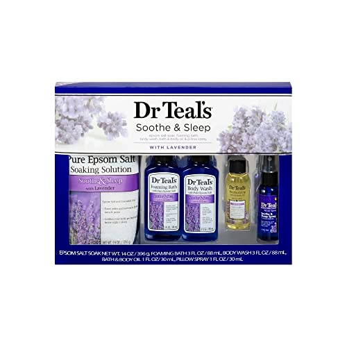 Dr Teals Lavender Soothe & Sleep Full Regimen 5-piece Gift Set (Epsom Salt Soaking Solution Foaming Bath Body Wash Moisturizing Bath & Body Oil Pillow Spray)