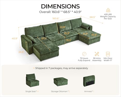Image of 160.6'' Oversized Modular Sofa Comfy Cloud Couch with Storage, Extra Deep Plush Sectional Sofa Set U-Shaped for Living Room, Covers Washable, 6-Seater with 2 Ottomans, Chenille, Green