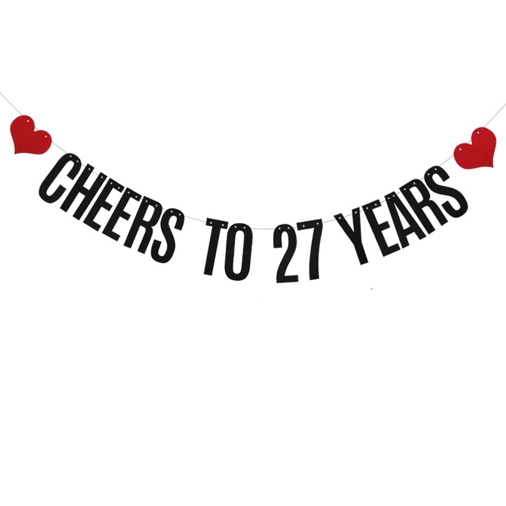 XIAOLUOLY Black Cheers to 27 Years Glitter Banner,Pre-Strung,27th Birthday/Wedding Anniversary Party Decorations Bunting Sign Backdrops,CHEERS TO 27