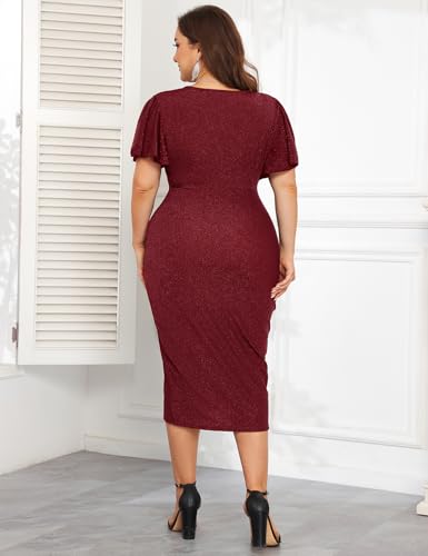 Image of ZOMVA Plus Size 0X-4X Sparkly Glitter Ruched Bodycon Midi Dress Sparkle Sequin Wrap Ruffle Sleeve Dress Cocktail Party Formal