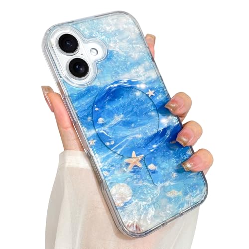Image of AIGOMARA Cute Case for iPhone 17 Case for Women Girls [Compatible with Magsafe] Translucent Sea Pattern Design, Aesthetic Girly Summer Magnetic Protective Phone Cover, Ocean Blue