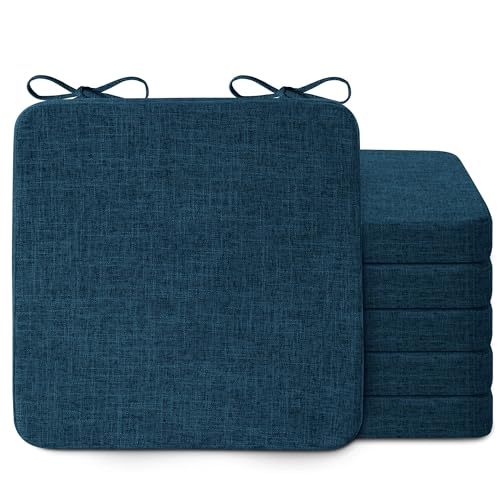 Image of AddGrace Square Chair Cushions for Dining Chairs 6 Pack 16x16x2inch D Blue | Non Slip, Removable Cover with Ties, Textured Fabric, for Kitchen Dining Room Indoor, Hard Wooden Chairs, Family Gathering