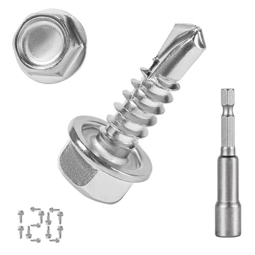 QSJ 120PCS #8 x 5/8\'\' Sheet Metal Screws 410 Stainless Steel Hex Washer Head Fast Self Tapping Screws with Screwdriver Bit Silver