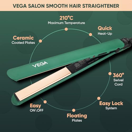 Vega Salon Smooth Hair Straightener for Women with Ceramic Coated Plates, Quick Heatup & Travel Friendly, Travel Lock, Suitable for All Hair Types, 1 Year Warranty, Green (VHSH-42) view 2