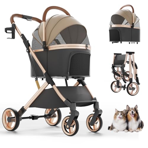 NUGUTIC Pet Stroller with 4 Wheels, Dog Stroller with Detachable Carrier, One-Click Folding Pet Travel Carrier for Small, Medium Dogs Cats up to 50lbs, 3 in 1 Multifunctional (Khaki)