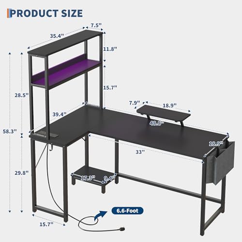 Bureau d'ordinateur d'angle en L avec LED gain de place