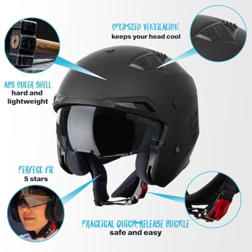 VINZ Shuto Jethelm / Streetfighter Helm | ECE 22.06 zugelassen | Rollerhelm mit Sonnenvisier / Sonnenblende | Jet Helm Mit abnehmbarem Kinnschutz - Matt Schwarz