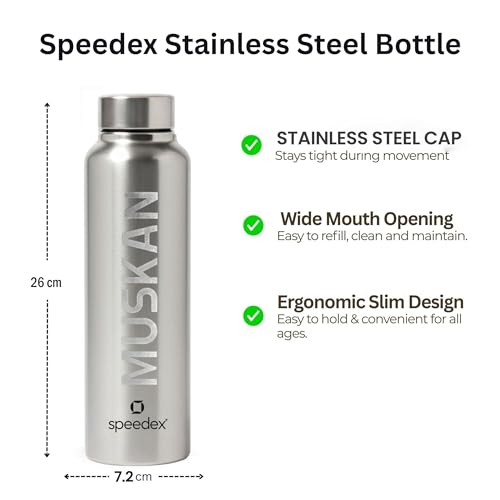 Image of Speedex Customised Engraved Name Stainless Steel Water Bottle 1 Ltr - Personalised Screw Cap Bottle for Kids, Men & Women, School, Office, Gym, Silver, Set of 1