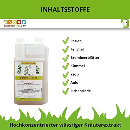 Foto von ESTELLA Bronchialsaft für Pferde 1 L I Kräuterextrakt mit Fenchel, Holunder- & Lindenblüte, Hibiskus | Kräutersaft | Husten verschleimte Atemwege, Lungen & Atemprobleme