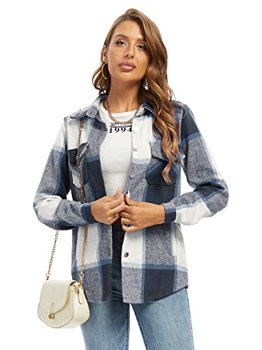 Image of Aeslech Women's Checked Shirts Plaid Shacket Flannel Lightweight Jacket Button Down Long Sleeve Casual Tops 2 Navy M