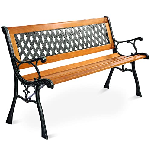 COSTWAY Banc de Jardin, Banc 2-3 Places avec Structure en Fonte, Siège à Lattes en Bois de Pin et Dossier en Plastique, 125 × 52 × 73 cm, Charge Max 210KG, pour Cour, Porche, Patio, Jardin