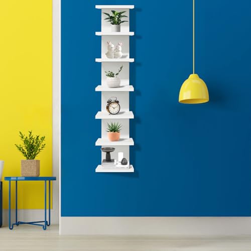 Eunika 7-Tier White Floating Wall Shelf, Tall Vertical Column Storage