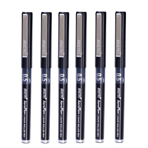 Image of BRUSTRO AeroFlow Liquid Ink Rollerball Pens | Black | 0.5mm, Micro Tip | Pack of 6 | Ideal for Students, Professionals, Office, Exam use, Accurate Smooth Writing, Waterproof, Fade Resistant