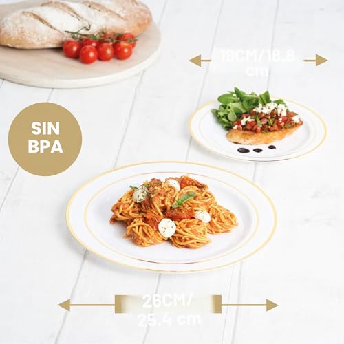 Miniatura 5 de Matana 120 Platos De Plástico Blanco Premium Con Borde Dorado, 2 Tamaños - Elegantes Y Reutilizables - Vajilla Resistente E Irrompible Para Bodas, Cumpleaños, Catering, Barbacoas, Fiestas