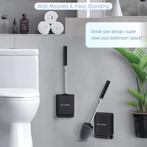 Image of Sellemer Silicone Toilet Brush, Ventilation Slots Base Holder 3 Pack, Black | Flexible Bristles Flat Head for Rim, Hair Tangle-Free, Easy to Clean, Compact Design, Rustproof Handle, for Toilet /Sink /Tub