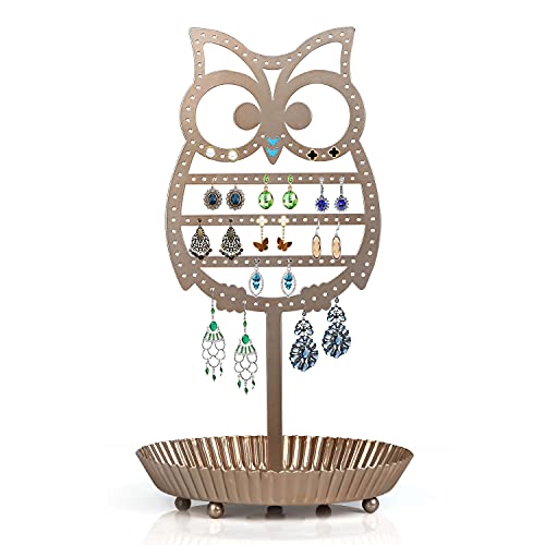 NIKKY HOME Earring Holder Hanging Organizer Stand Metal Jewelry Tree Table Top Owl Ear Stud Holder Tower Rack with Ring Tray for Girls (134 Holes), Gold