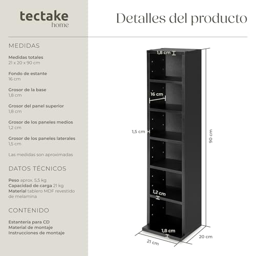 Miniatura 6 de Tectake Estantería De Pared, Efecto Madera, 6 Compartimentos, Estantes Ajustables En Altura, Para 102 Cds, Fácil De Montar, Almacenamiento, Decoración Habitación, Muebles Salón, Librería - Negro
