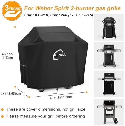 Kipiea 600D Heavy Duty Gas Grill Cover for Weber Spirit 2-Burner Grills, Including Spirit II E-210, 48-Inch Waterproof BBQ Cover with Windproof Buckles, UV Resistant - 1