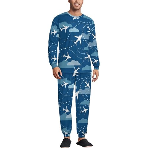 Airplane Aircraft Plane Pattern Men's Pajamas Sets Long Sleepwear Round Neck Loungewear