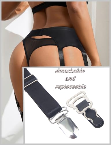 ohyeahlady Womens Faux Leather Garter Belt with 6 Strap Metal Clip Sexy Suspender Sets for Thigh Highs with G-String Thongs2