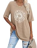 Litherday Camiseta De Mujer Oversize Cuello En V Camiseta Larga Manga Corta Top Basico Verano Talla Grande Estampado De Margaritas Informal, Caqui, 3XL