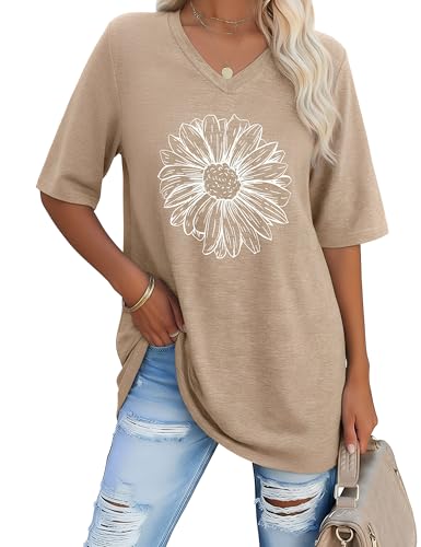 Litherday Damen T-Shirt Oversize V-Ausschnitt Locker Kurzarm Gänseblümchen Print Plus Size Bluse Freizeit Sommer Casual Top (Khaki, XXL)