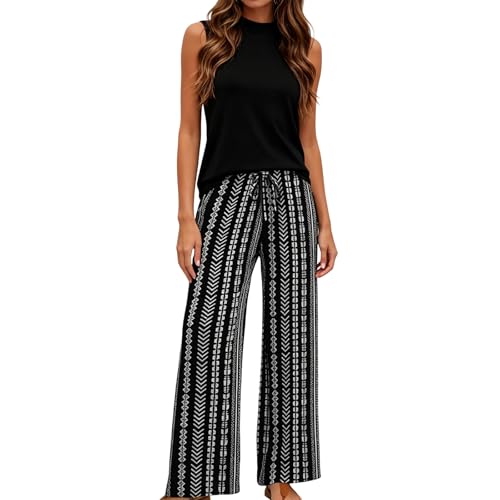 Conjunto de dos piezas para vacaciones de verano con cuello alto falso y pantalón largo