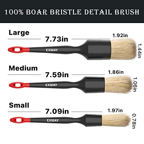 Exway Car Detailing Brushes Set (3 Pack) Premium Natural Boar Hair Auto Cleaning Brush For Washing Automotive Interior Or Exterior, Leather Seats, Dashboards, Wipers, Air Vents #TOP5