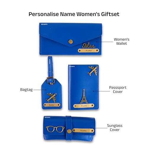 Image of AICA Personalised Name & Charm Womens Leather Combo Gift Set (RoyalBlue) | Gifts for Women| Customised Gift Hamper for Woman