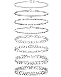 Tornito Juego de 8 pulseras de cadena de acero inoxidable con eslabones cubanos Figaro para hombres y mujeres de 7.5/8.3/9.0 pulgadas, 8.30 Inch, Acero inoxidable, No es una piedra preciosa