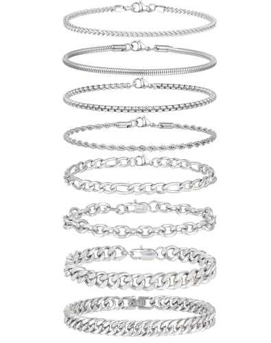 Tornito 8Pcs Chain Bracelet Stainless Steel Curb Width Rope Figaro Cuban Link Paperclip Twist Chain Bracelets Set for Men Women 7.5/8.3/9.0 Inches