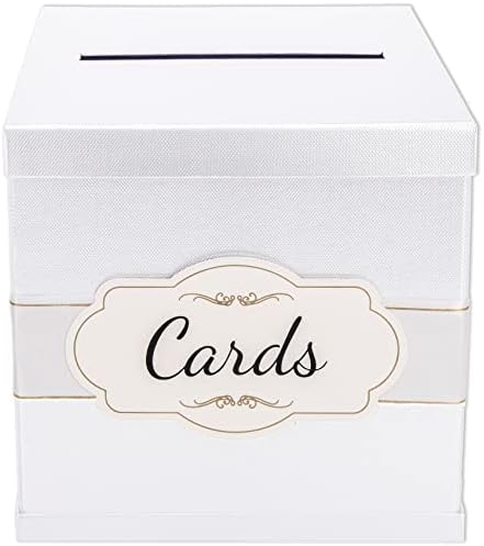 Merry Expressions Gift Card Box with 2 Black & White Ribbons in Gold Trim & Cards Label - 10"x10"x10" Large - for Weddings, Graduations, Birthdays or Baby Showers
